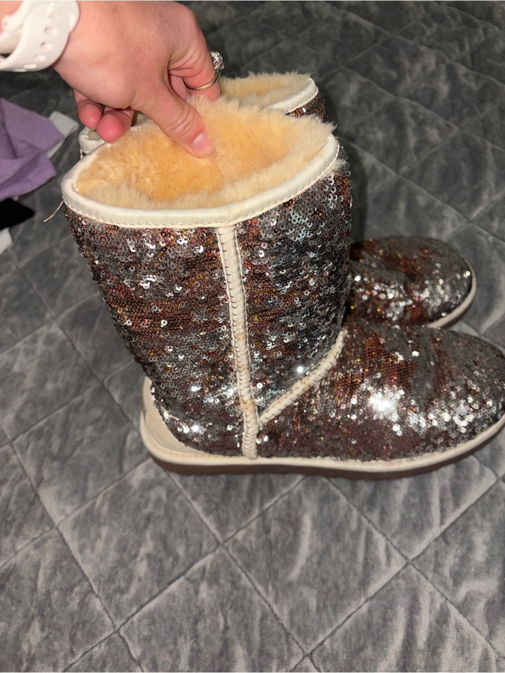 Vintage GoldSequin Shearling Lined Mid-Calf Boots - Sparkling Silver Bronze